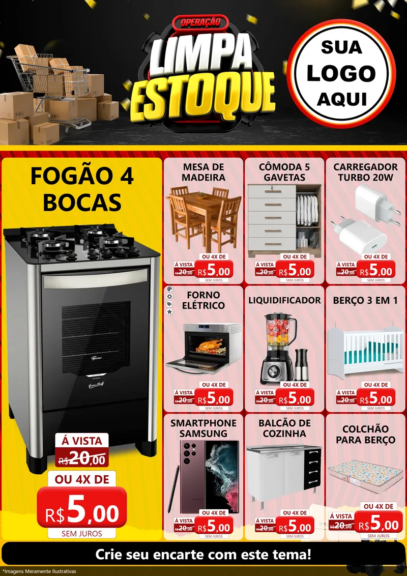 Modelo de Encarte para Encarte A4 Vertical com o tema Operação Limpa Estoque para Móveis e Eletro