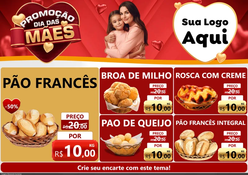 Modelo de Encarte para Encarte A4 Horizontal com o tema Promoção Dia das Mães para Padaria