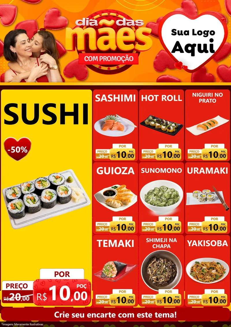 Modelo de Encarte para Encarte A4 Vertical com o tema Dia das Mães com Promoção para Comida japonesa