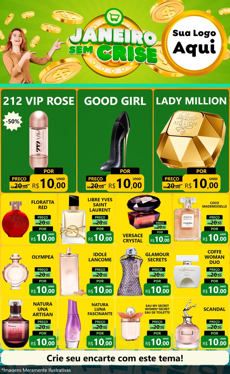 Modelo de Encarte para Encarte Grande com o tema Janeiro Sem Crise para Perfumes