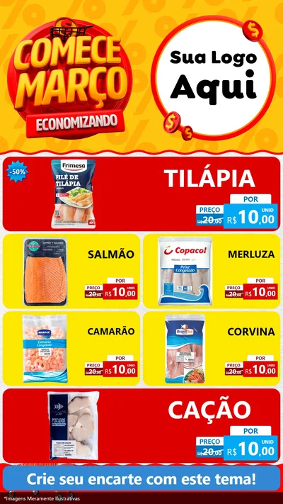 Modelo de TV para TV Vertical com o tema Comece Março Economizando para Peixaria