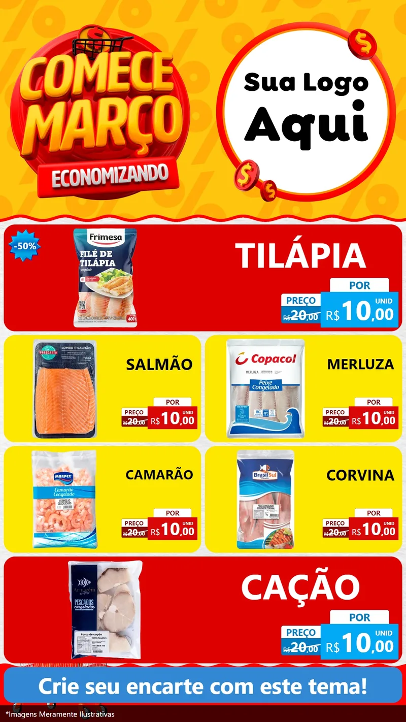 Modelo de TV para TV Vertical com o tema Comece Março Economizando para Peixaria