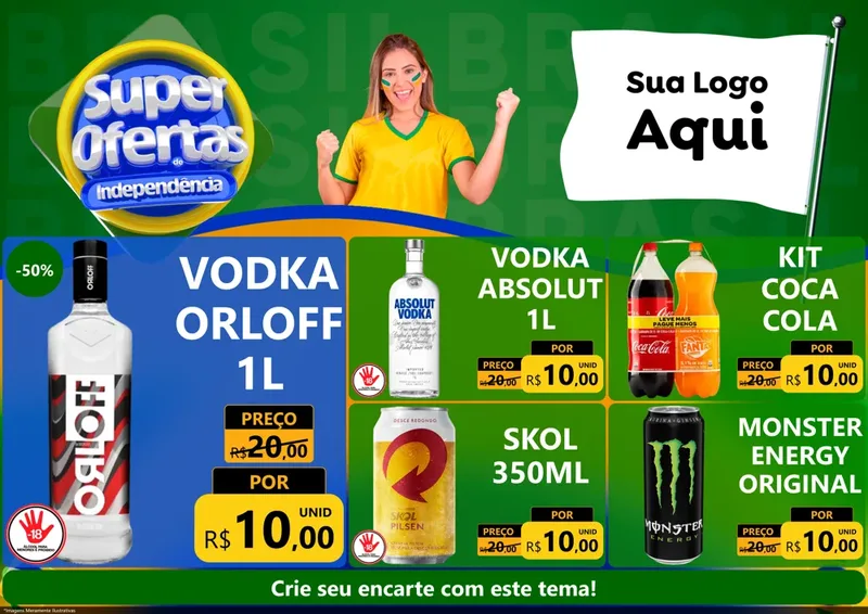 Modelo de Encarte para Encarte A4 Horizontal com o tema Super Ofertas de Independência para Distribuidora de bebidas