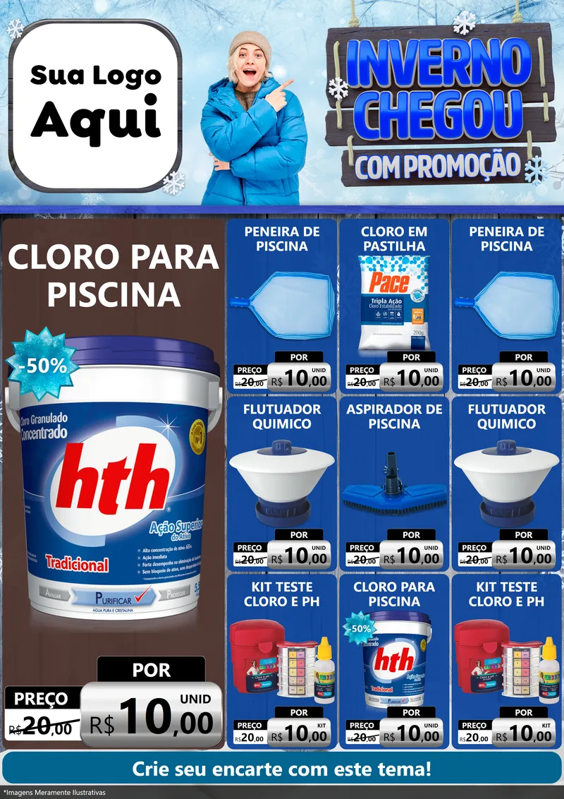 Modelo de Encarte para Encarte A4 Vertical com o tema Inverno Chegou Com Promoção para Produtos para Piscina