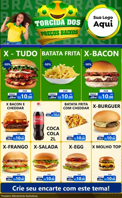Modelo de Encarte para Encarte Grande com o tema Torcida dos Preços Baixos - Copa para Hamburgueria