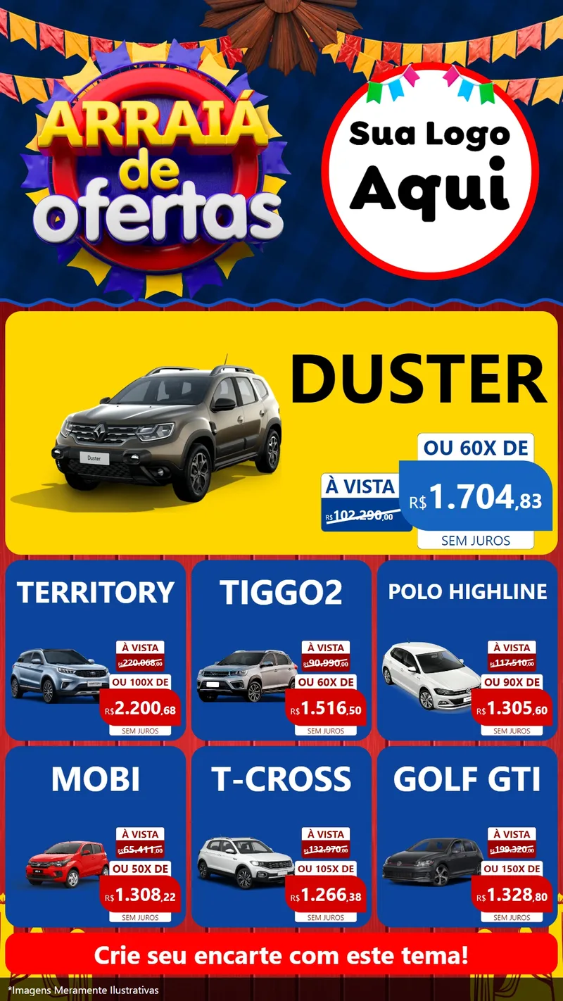 Modelo de Rede Social para Stories com o tema Arraiá de Ofertas para Concessionaria de Carros