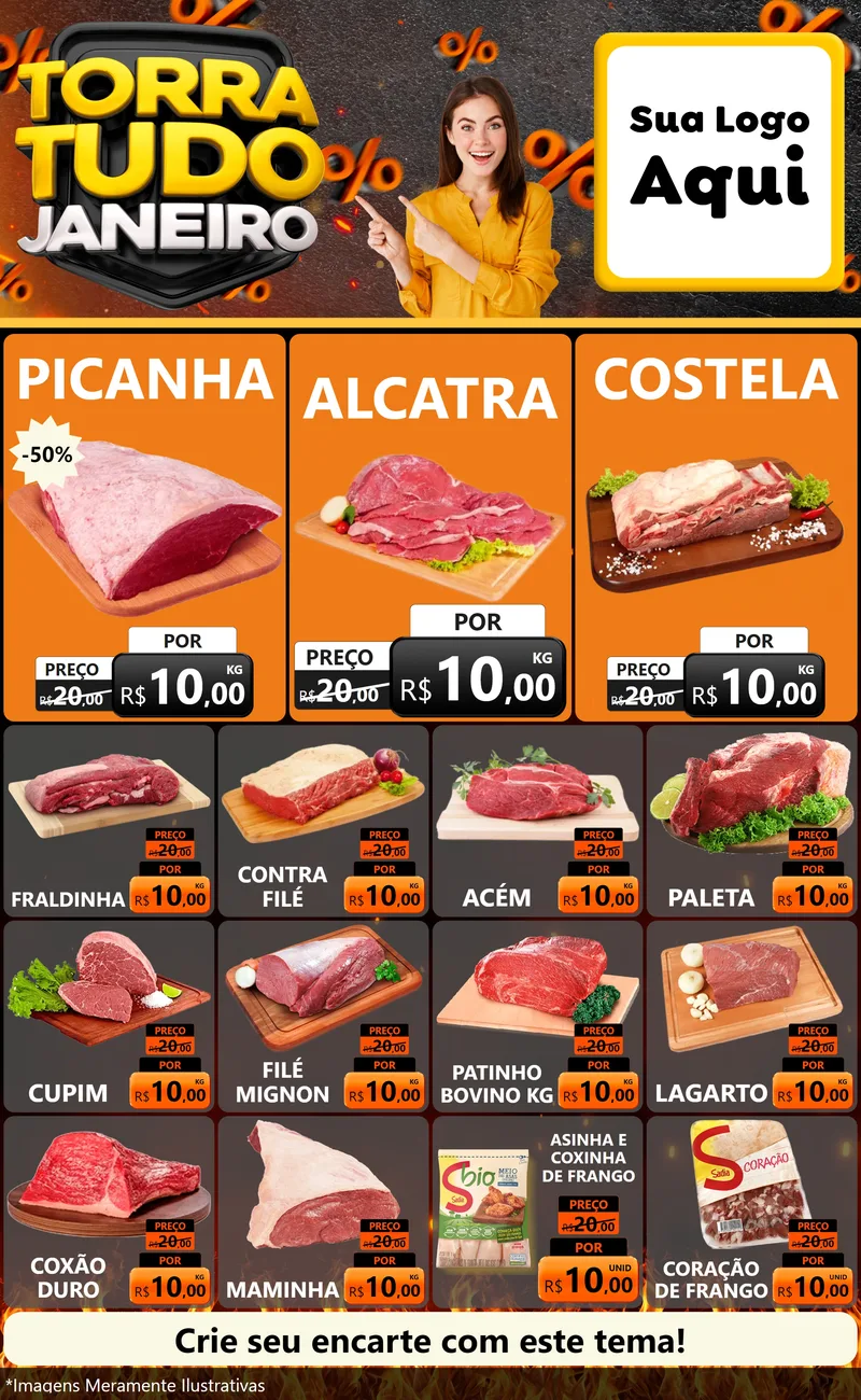 Modelo de Encarte para Encarte Grande com o tema Torra Tudo Janeiro para Açougue