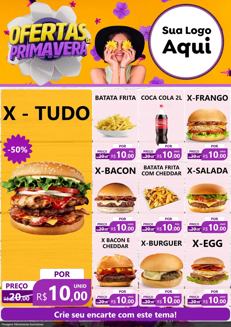 Modelo de Encarte para Encarte A4 Vertical com o tema Ofertas Da Primavera para Hamburgueria