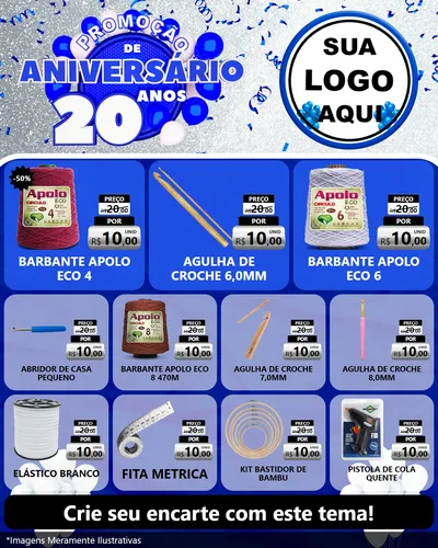 Modelo de Rede Social para Feed Instagram com o tema Promoção de Aniversário - 20 Anos para Armarinho e Aviamentos