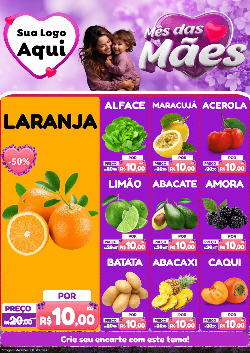 Modelo de Encarte para Encarte A4 Vertical com o tema Mês das Mães para Hortifrúti