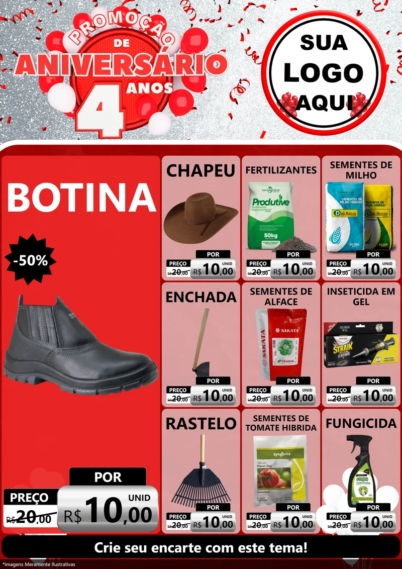 Modelo de Encarte para Encarte A4 Vertical com o tema Promoção de Aniversário - 4 Anos para Agropecuária