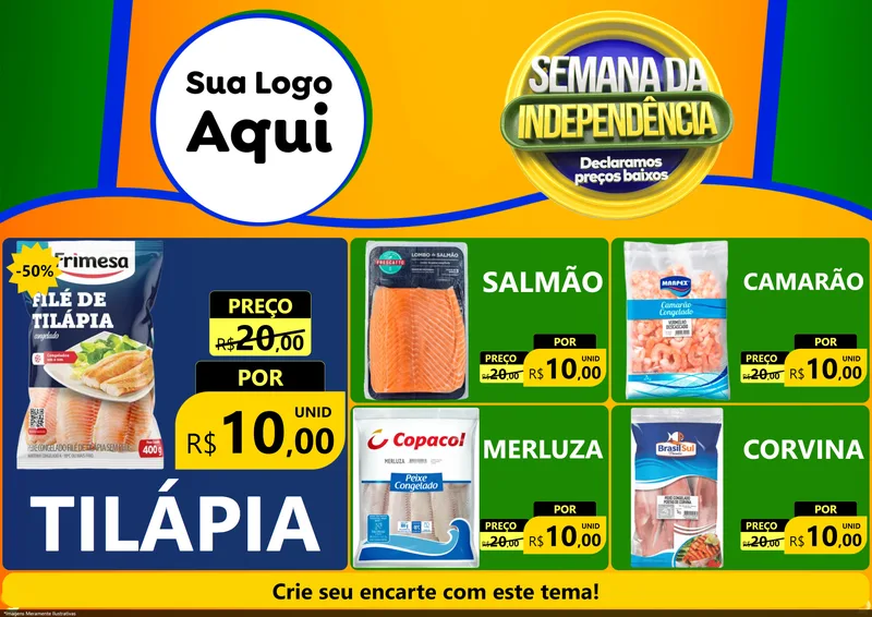 Modelo de Encarte para Encarte A4 Horizontal com o tema Semana da Independência Declaramos Preços Baixos para Peixaria