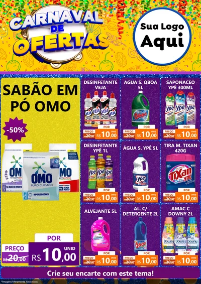 Modelo de Encarte para Encarte A4 Vertical com o tema Carnaval de Ofertas para Produtos de Limpeza