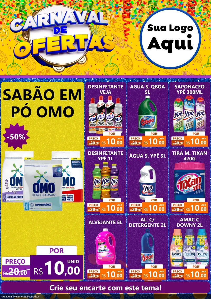 Modelo de Encarte para Encarte A4 Vertical com o tema Carnaval de Ofertas para Produtos de Limpeza