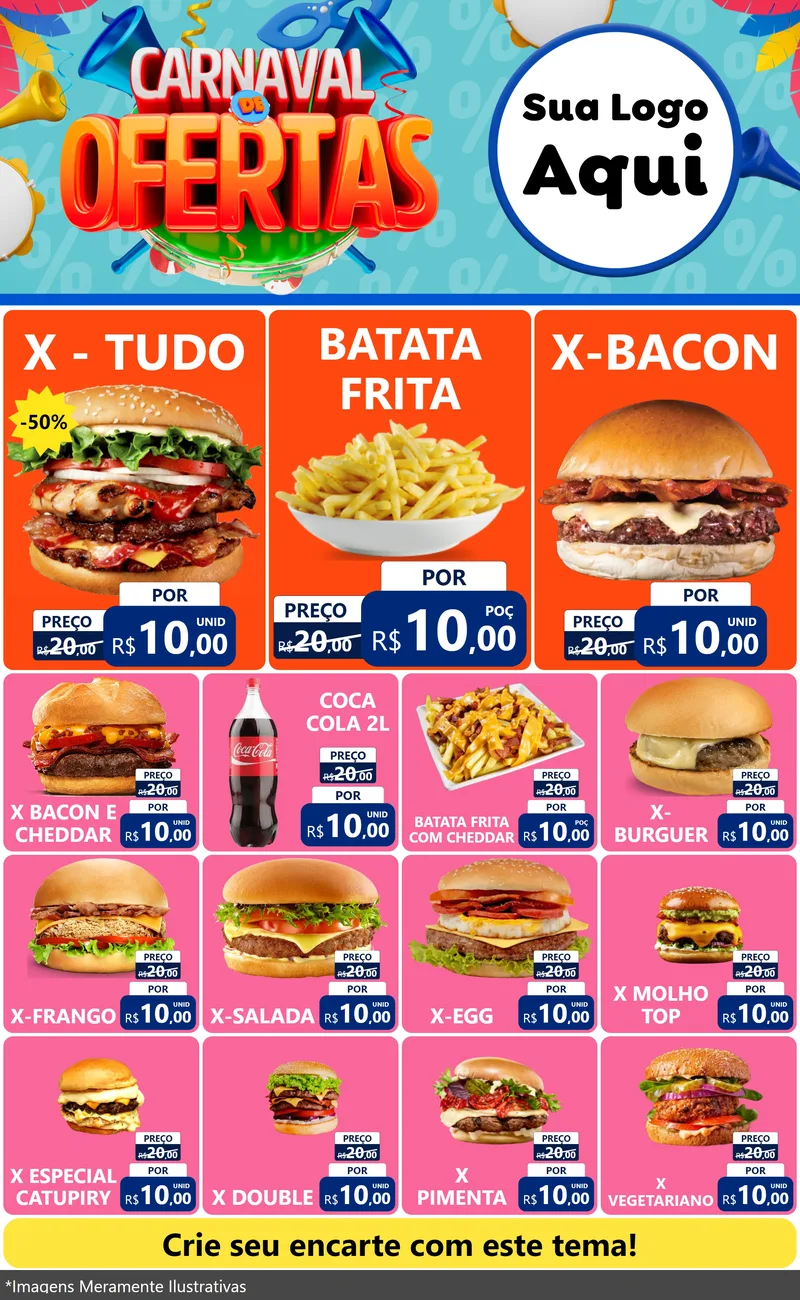 Modelo de Encarte para Encarte Grande com o tema Carnaval de Ofertas para Hamburgueria