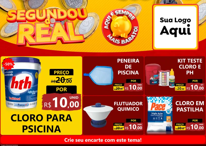 Modelo de Encarte para Encarte A4 Horizontal com o tema Segundou do Real para Produtos para Piscina