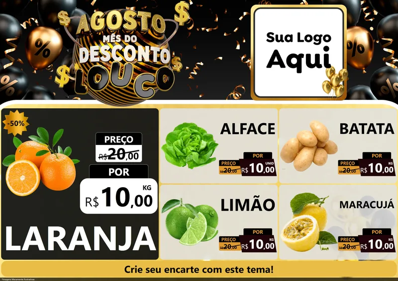 Modelo de Encarte para Encarte A4 Horizontal com o tema Agosto Mês do Desconto Louco para Hortifrúti