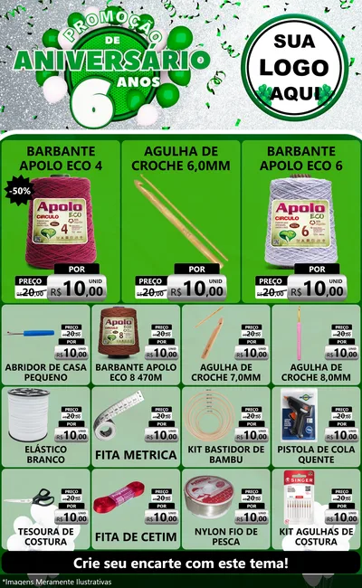 Modelo de Encarte para Encarte Grande com o tema Promoção de Aniversário - 6 Anos para Armarinho e Aviamentos