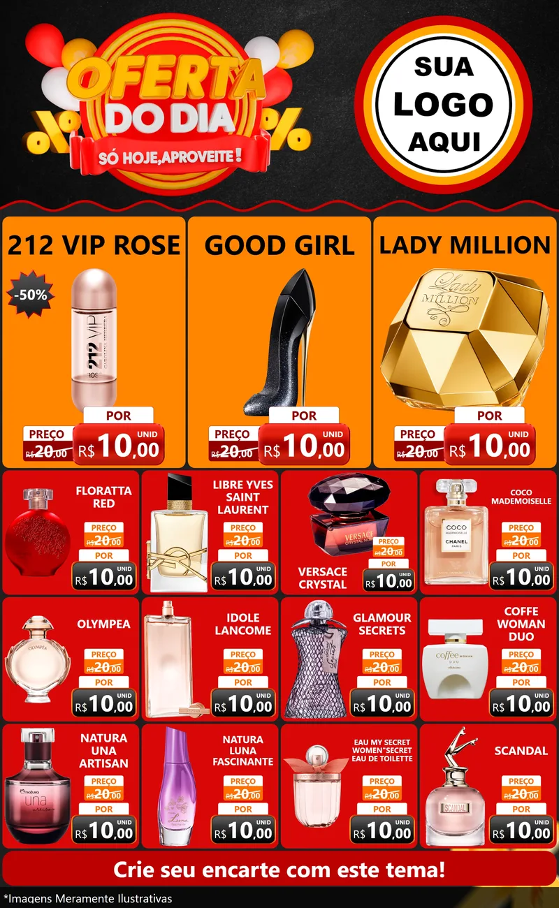 Modelo de Encarte para Encarte Grande com o tema Oferta do Dia - Só hoje, Aproveite! para Perfumes