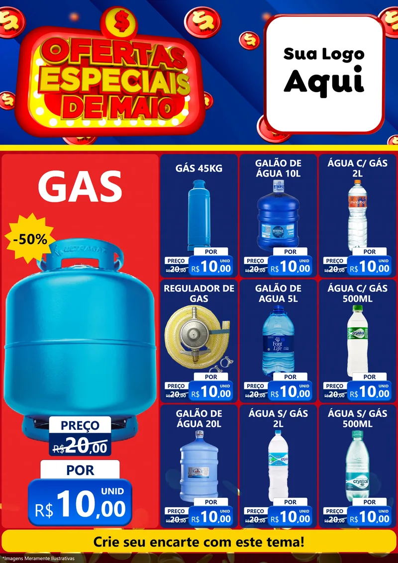 Modelo de Encarte para Encarte A4 Vertical com o tema Ofertas Especiais de Maio para Água e gás