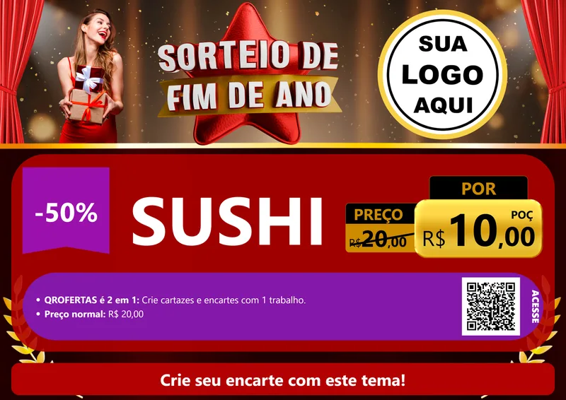 Modelo de Cartaz para Cartaz A4 Horizontal com o tema Sorteio de Fim de Ano para Comida japonesa