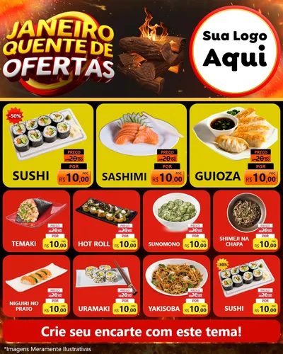Modelo de Rede Social para Feed Instagram com o tema Janeiro Quente de Ofertas para Comida japonesa