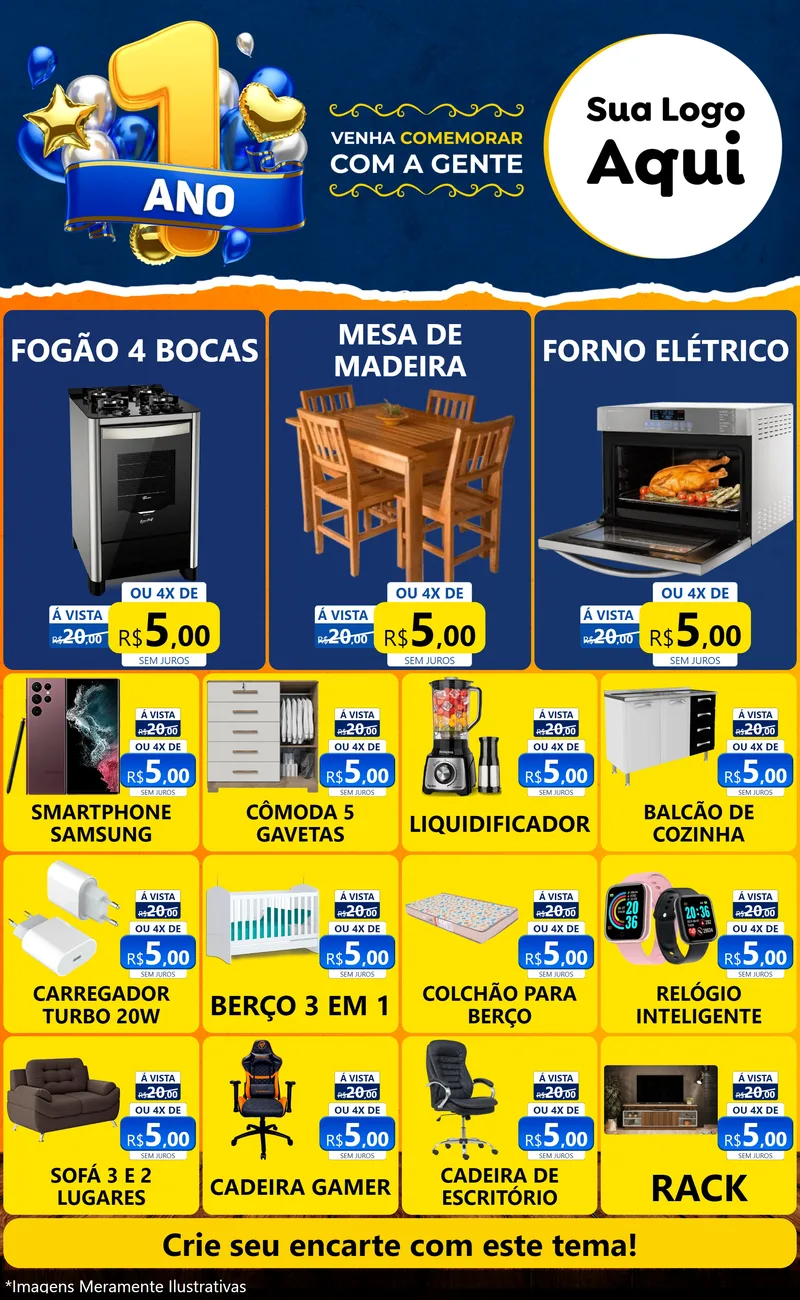 Modelo de Encarte para Encarte Grande com o tema Um Ano de Aniversário para Móveis e Eletro