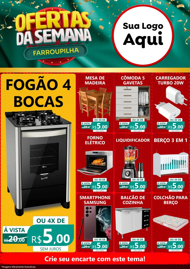 Modelo de Encarte para Encarte A4 Vertical com o tema Ofertas da Semana Farroupilha para Móveis e Eletro