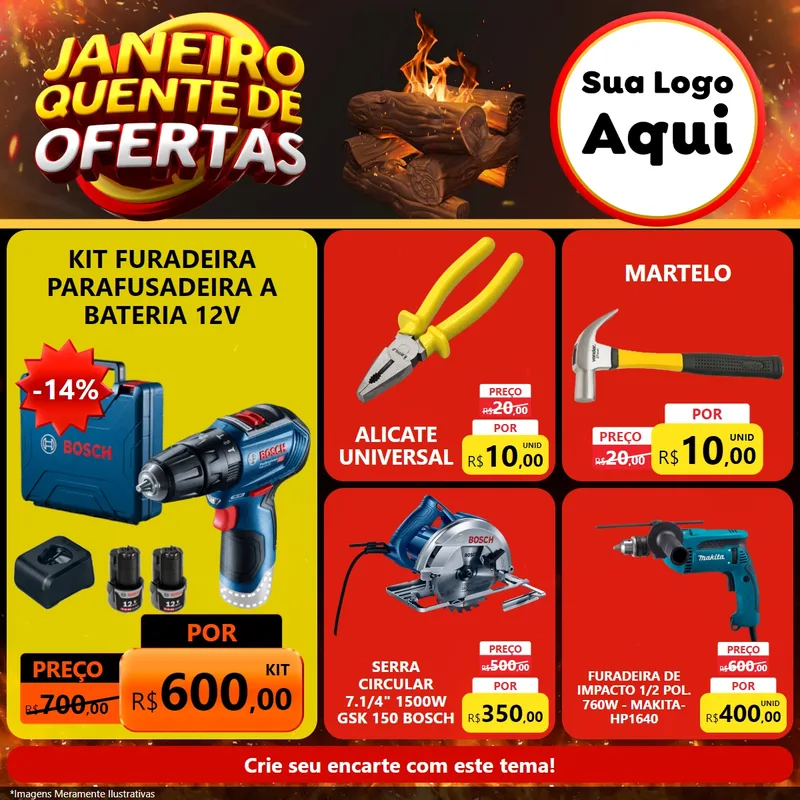 Modelo de Rede Social para Feed Facebook com o tema Janeiro Quente de Ofertas para Maquinas e Ferramentas