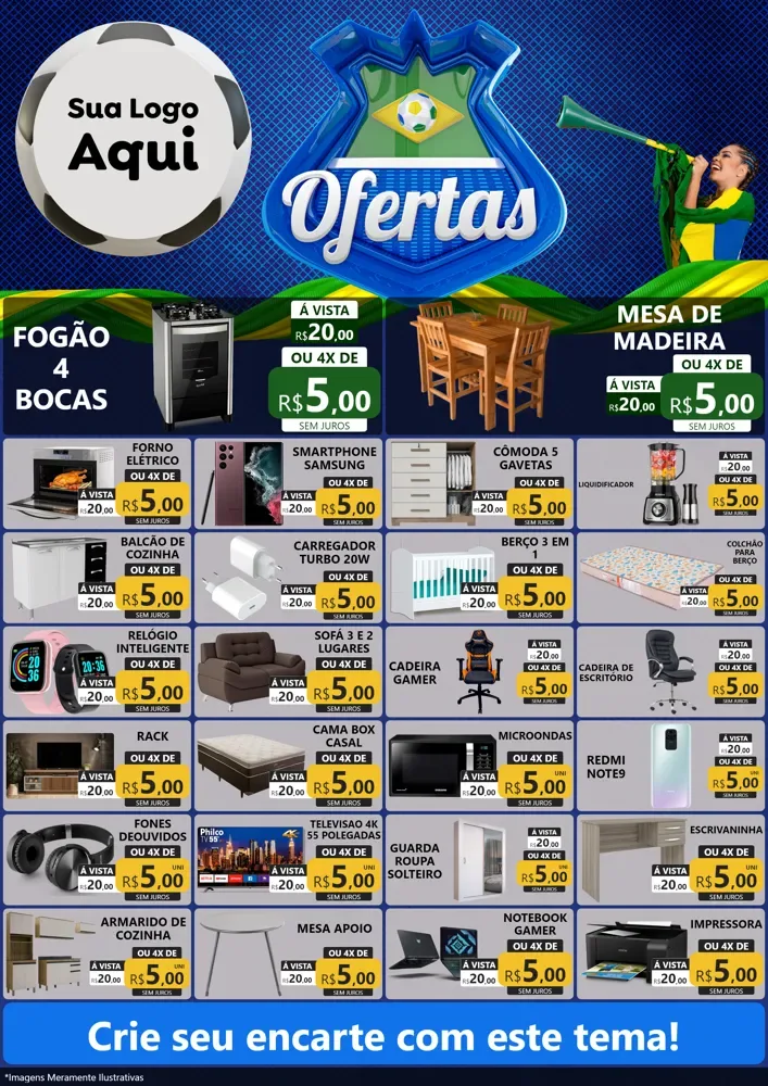 Modelo de Encarte para Encarte A4 Vertical com o tema Ofertas (Futebol) para Móveis e Eletro