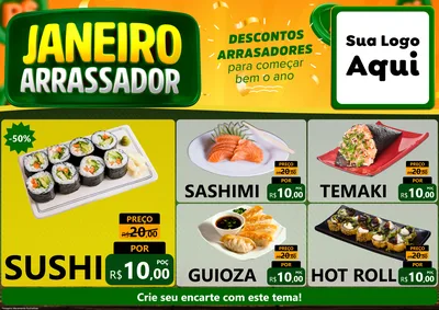 Modelo de Encarte para Encarte A4 Horizontal com o tema Janeiro Arrasador para Comida japonesa