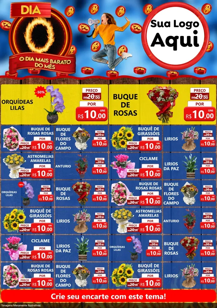 Modelo de Encarte para Encarte A4 Vertical com o tema Dia O - O Dia Mais Barato Do Mês para Floricultura e jardim