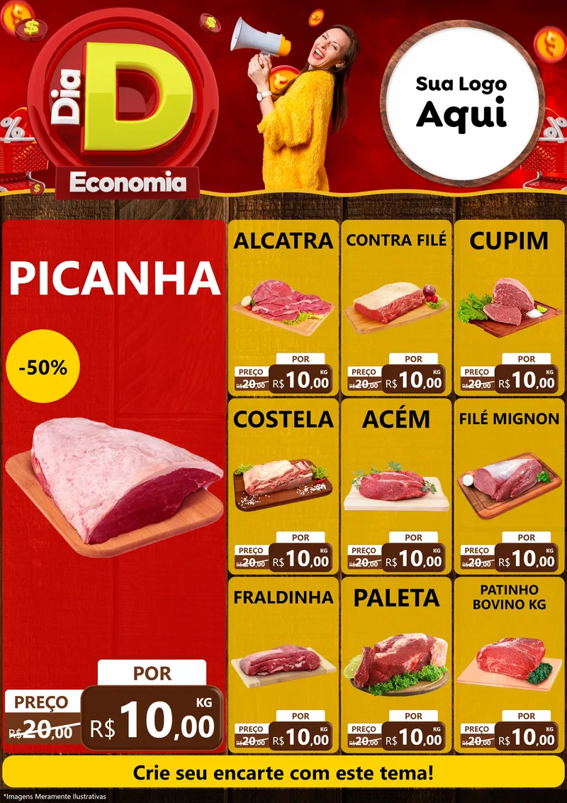 Modelo de Encarte para Encarte A4 Vertical com o tema Dia D Economia para Açougue