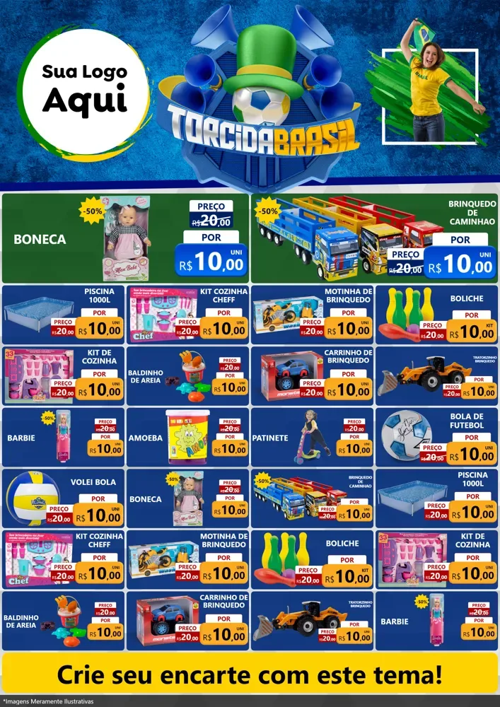 Modelo de Encarte para Encarte A4 Vertical com o tema Torcida Brasil - Copa para Brinquedos