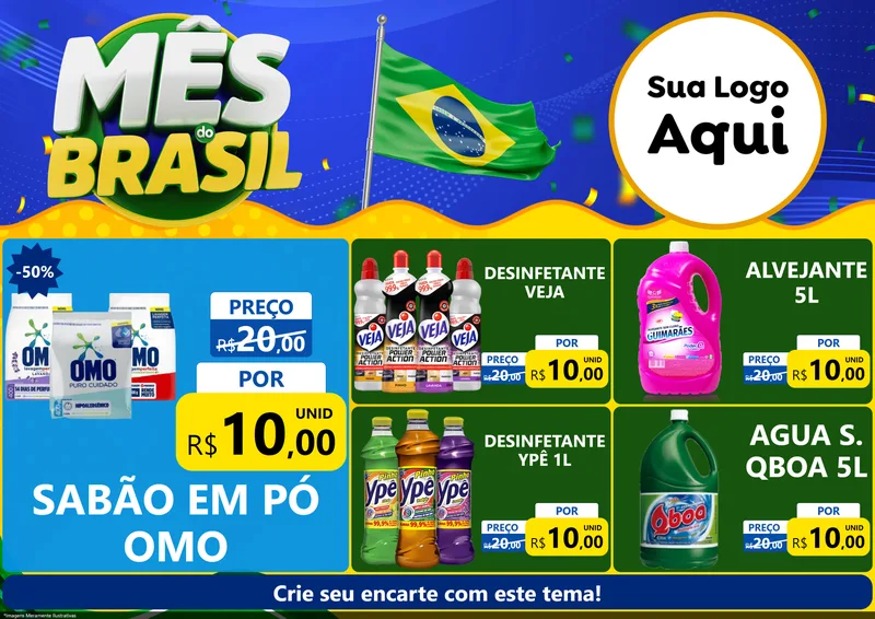 Modelo de Encarte para Encarte A4 Horizontal com o tema Mês do Brasil para Produtos de Limpeza