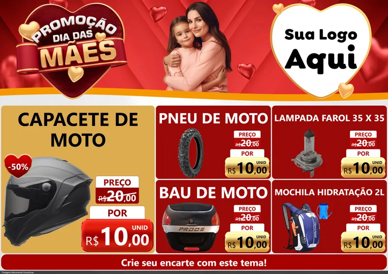 Modelo de Encarte para Encarte A4 Horizontal com o tema Promoção Dia das Mães para Moto peças