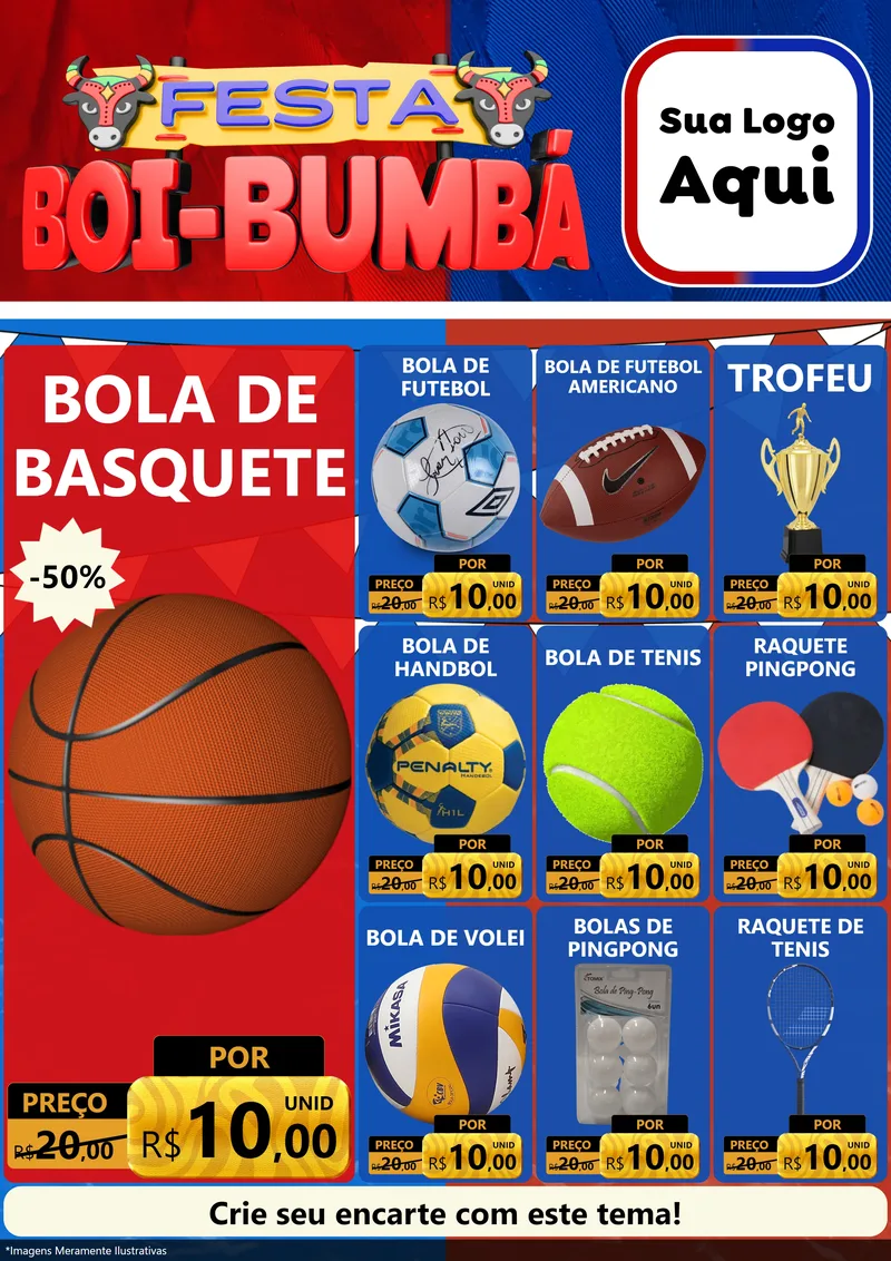 Modelo de Encarte para Encarte A4 Vertical com o tema Festa Boi Bumbá para Artigos Esportivos
