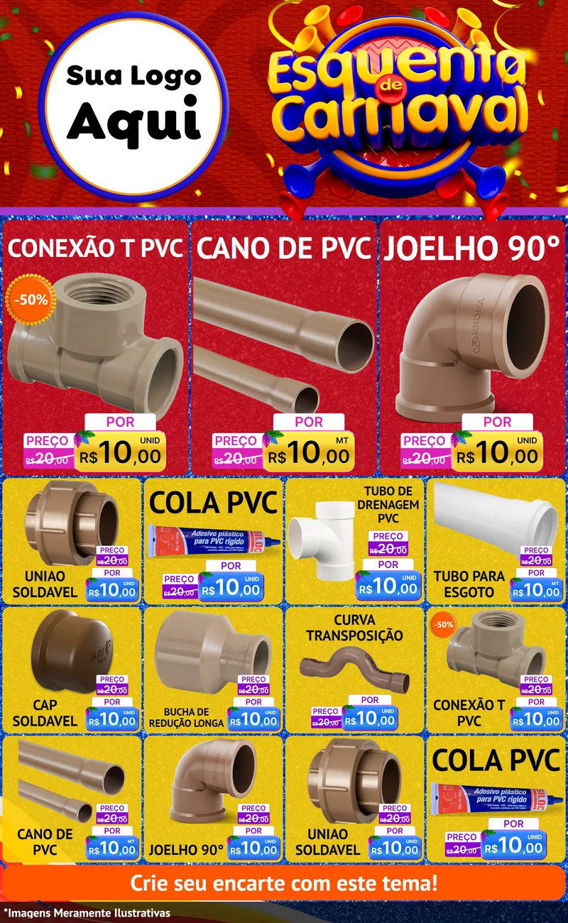 Modelo de Encarte para Encarte Grande com o tema Esquenta de Carnaval para Tubos e conexões