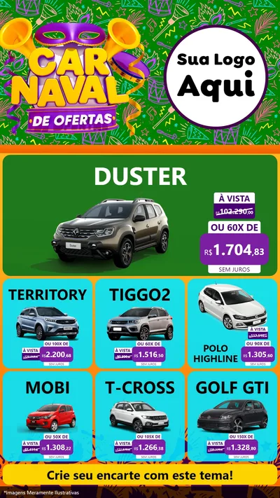 Modelo de Rede Social para Stories com o tema Carnaval de Ofertas para Concessionaria de Carros