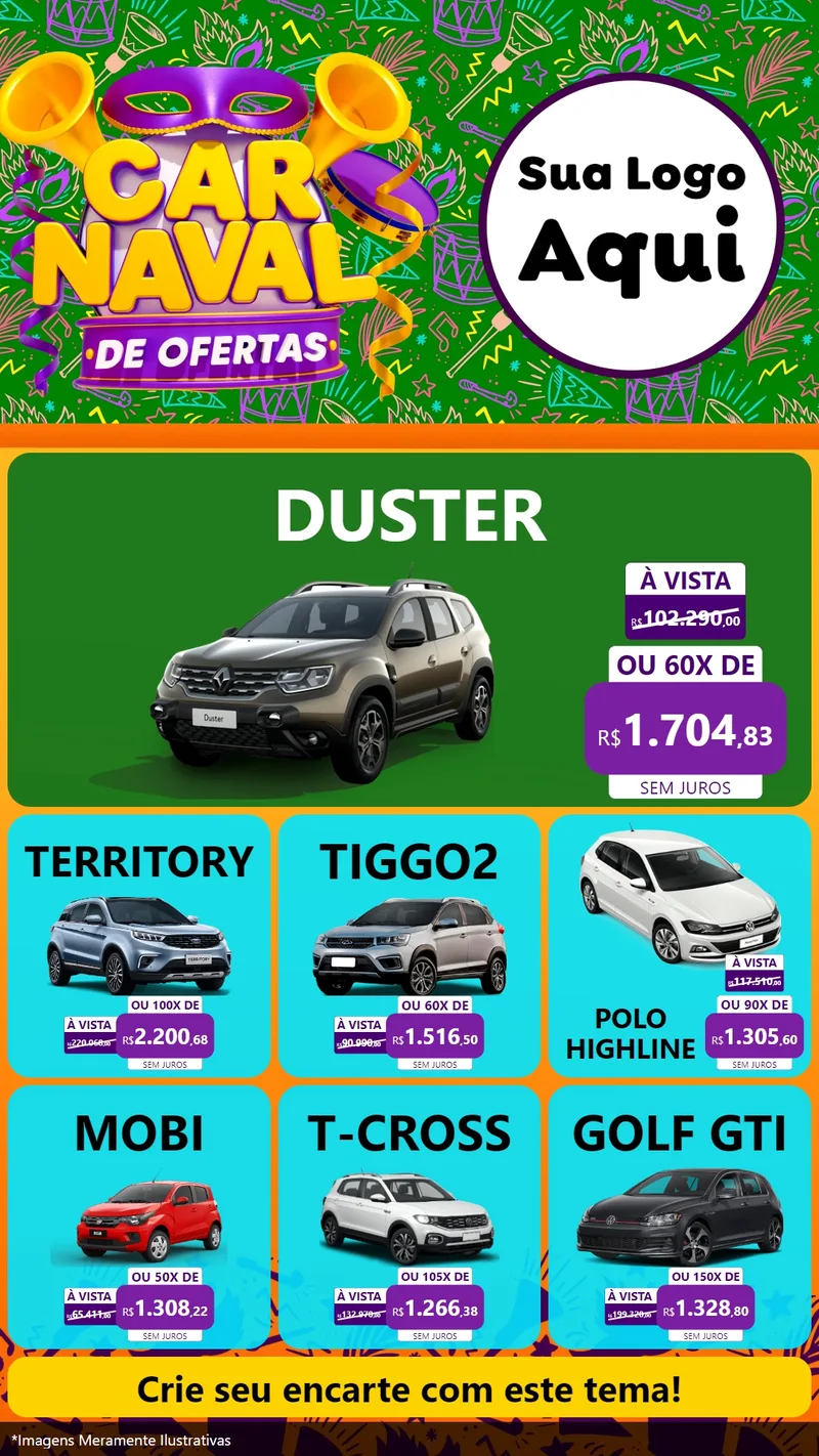 Modelo de Rede Social para Stories com o tema Carnaval de Ofertas para Concessionaria de Carros