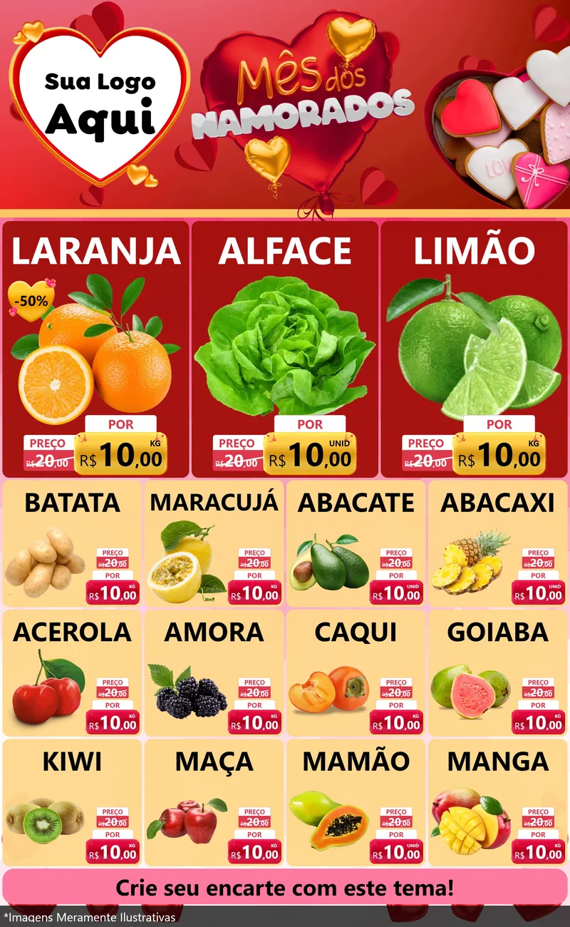 Modelo de Encarte para Encarte Grande com o tema Mês dos Namorados para Hortifrúti