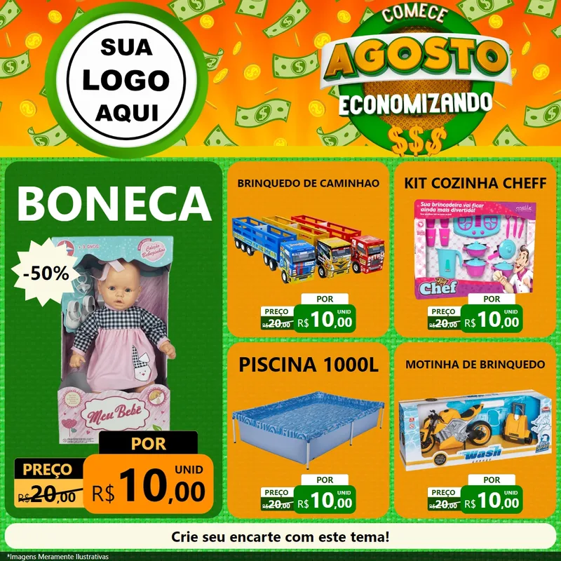 Modelo de Rede Social para Feed Facebook com o tema Comece Agosto Economizando para Brinquedos