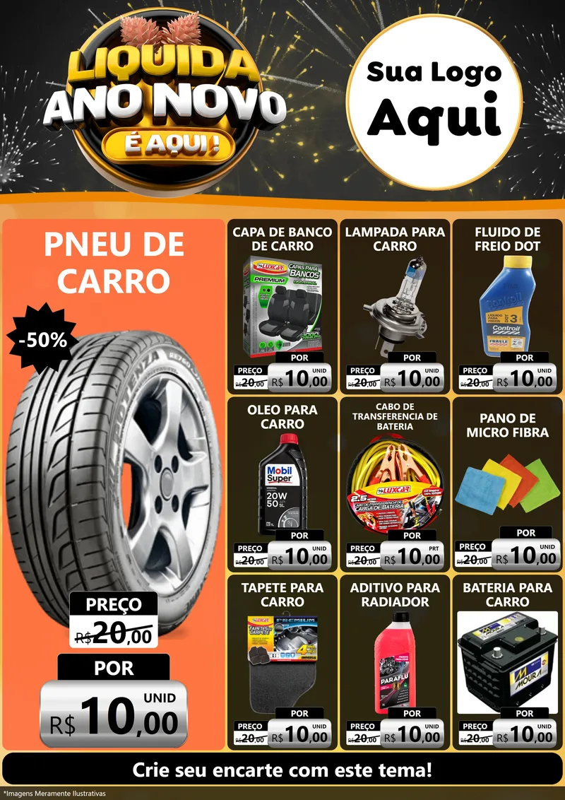 Modelo de Encarte para Encarte A4 Vertical com o tema Liquida Ano Novo É Aqui! para Auto peças