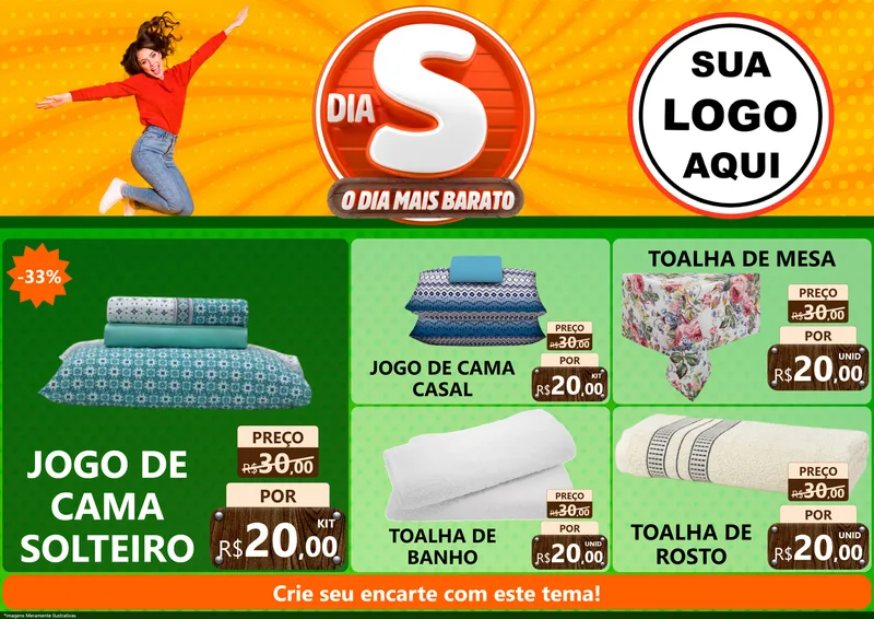 Modelo de Encarte para Encarte A4 Horizontal com o tema Dia S - O Dia Mais Barato para Cama, Mesa e Banho