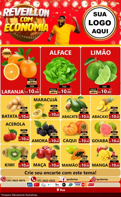 Modelo de Encarte para Encarte Grande com o tema Réveillon com Economia para Hortifrúti