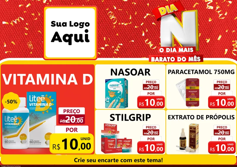 Modelo de Encarte para Encarte A4 Horizontal com o tema Dia N o Dia Mais Barato do Mês para Farmácia