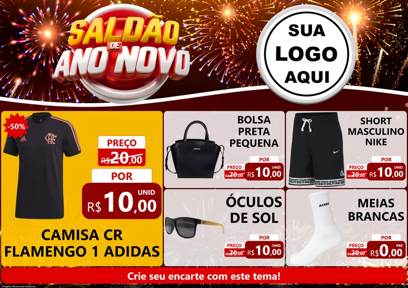 Modelo de Encarte para Encarte A4 Horizontal com o tema Saldão de Ano Novo para Roupas e acessórios