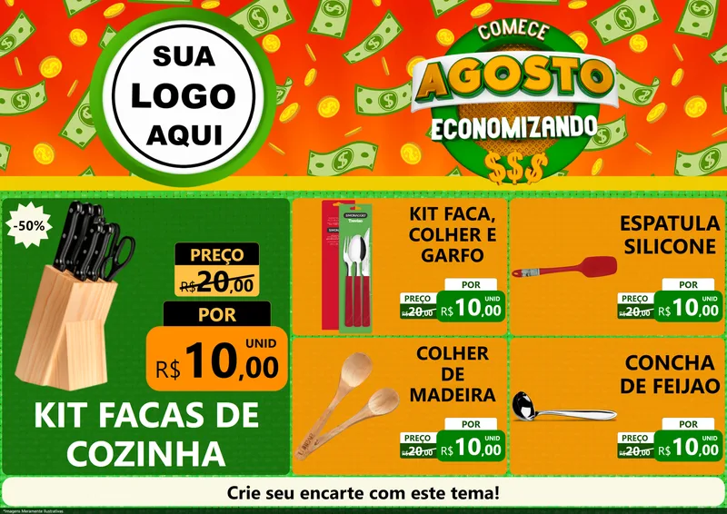 Modelo de Encarte para Encarte A4 Horizontal com o tema Comece Agosto Economizando para Utilidades Domésticas