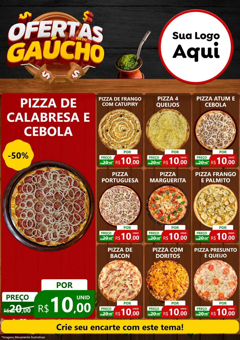 Modelo de Encarte para Encarte A4 Vertical com o tema Ofertas Dia do Gaúcho para Pizzaria