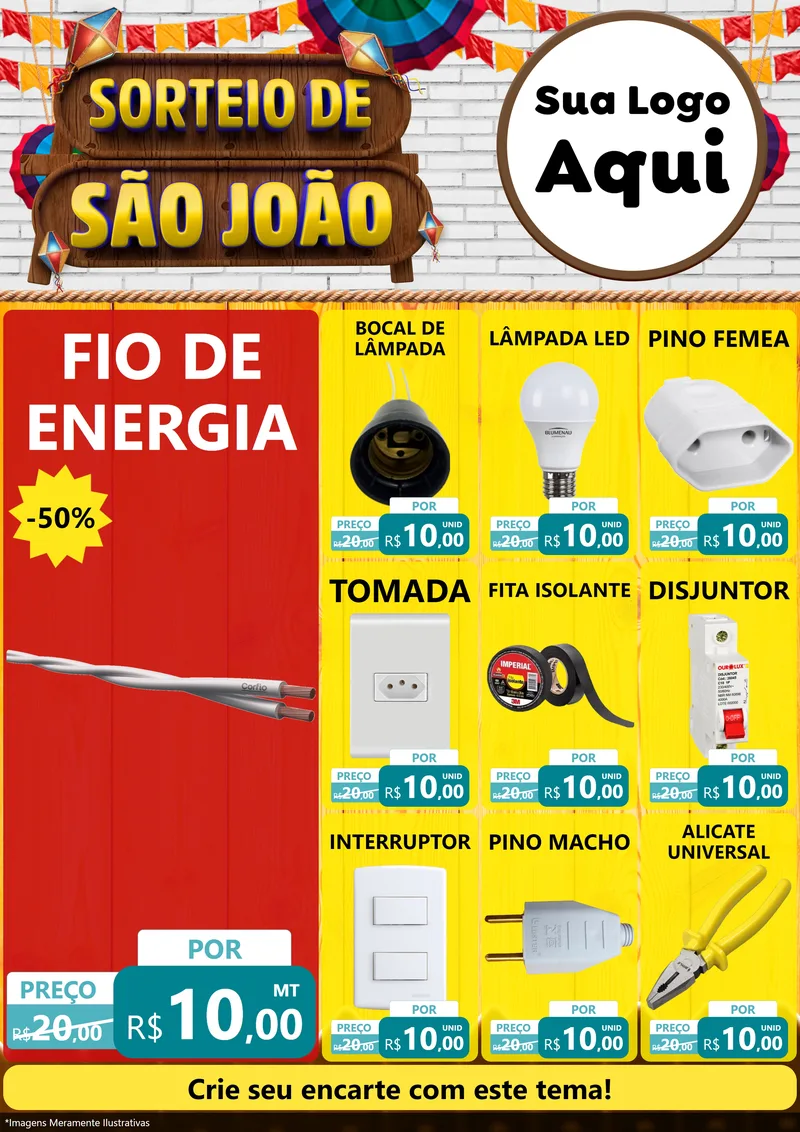Modelo de Encarte para Encarte A4 Vertical com o tema Sorteio de São João para Materiais Elétricos